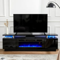 Amerlife Fireplace TV Stand with 36" Fireplace, Modern High Gloss Entertainment Center LED Lightsfor 80 Inch TV, Black
