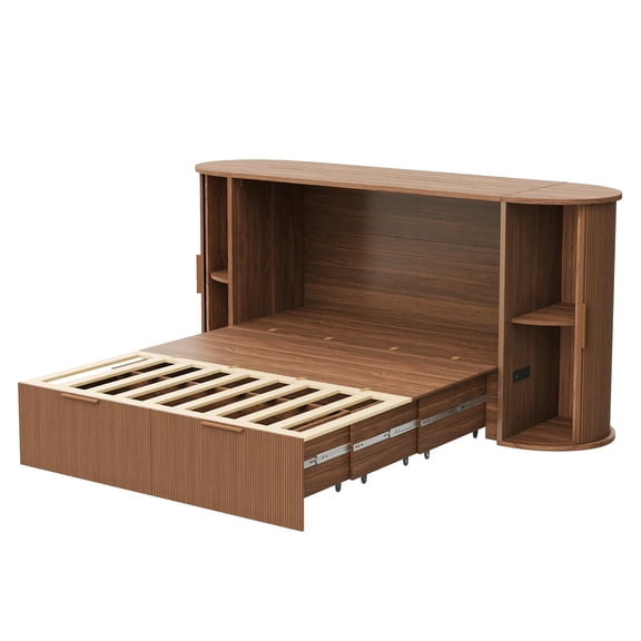 Amerlife Full Murphy Bed with Storage Bedside Shelves & Sliding Tambour Door, with Charging Station & Curved Fluted Design for Bedroom/Guest, Brown