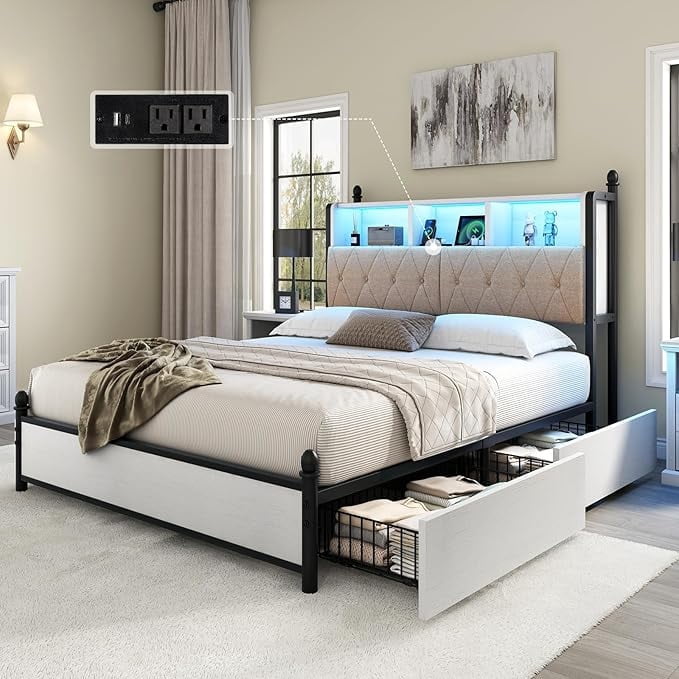 Amerlife Full Size Bed Frame with Bookcase Headboard, Storage Drawers ...