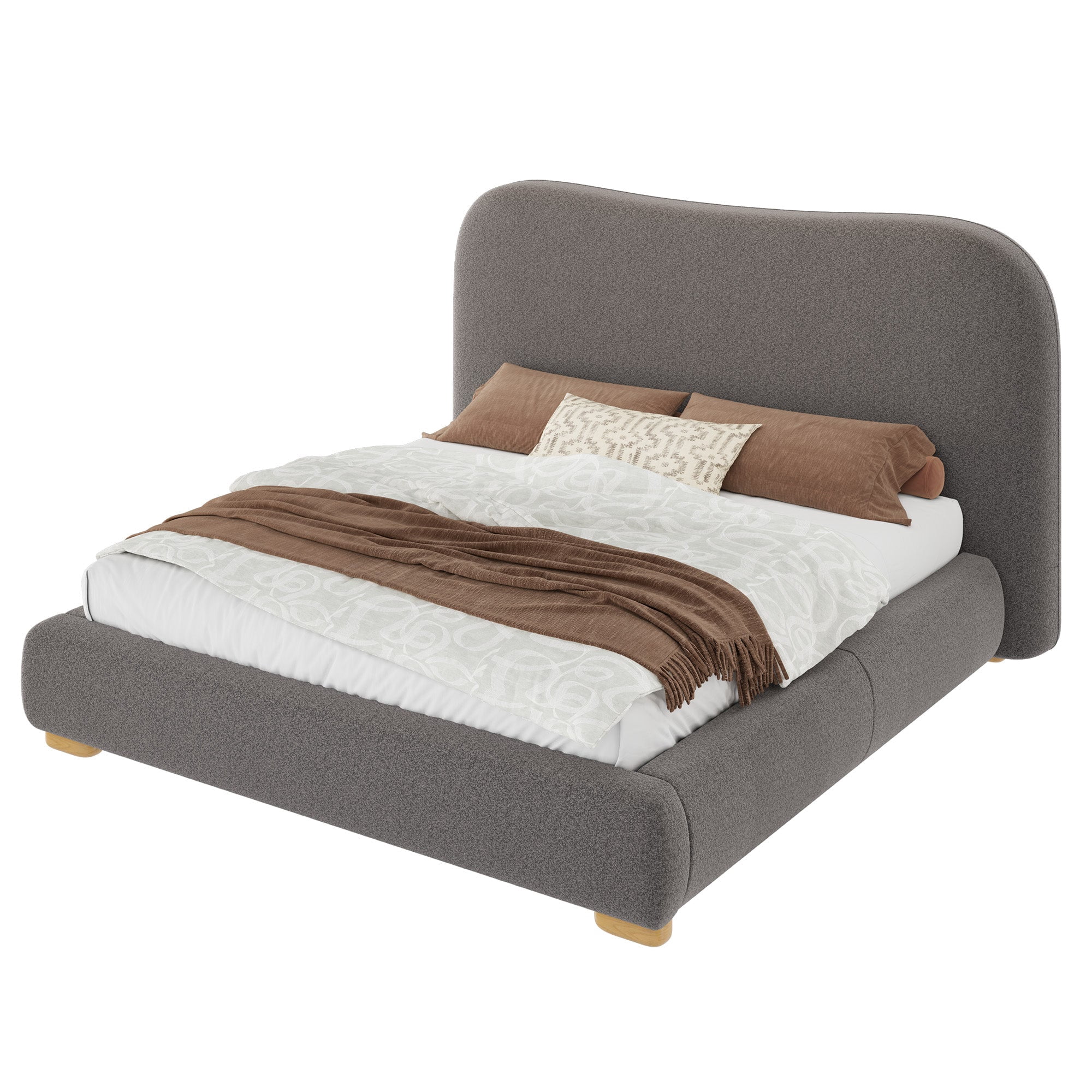 Amerlife Full Size Cloud Bed Frame, 7.1" Thick Curved Headboard, Modern Upholstered Platform Bed, Easy Assembly, Chenille Dark Grey