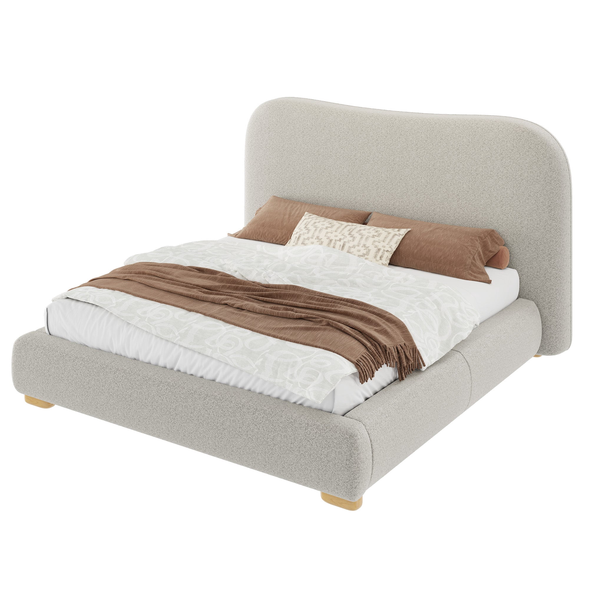 Amerlife Full Size Cloud Bed Frame, 7.1" Thick Curved Headboard, Modern Upholstered Platform Bed, Easy Assembly, Chenille Light Grey