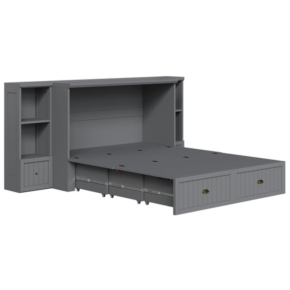 Amerlife Full Size Murphy Bed, Foldable Cabinet with 3 Storage Drawers & Charging Station, Farmhouse Hideaway Bed for Bedroom, Guest Room, Grey