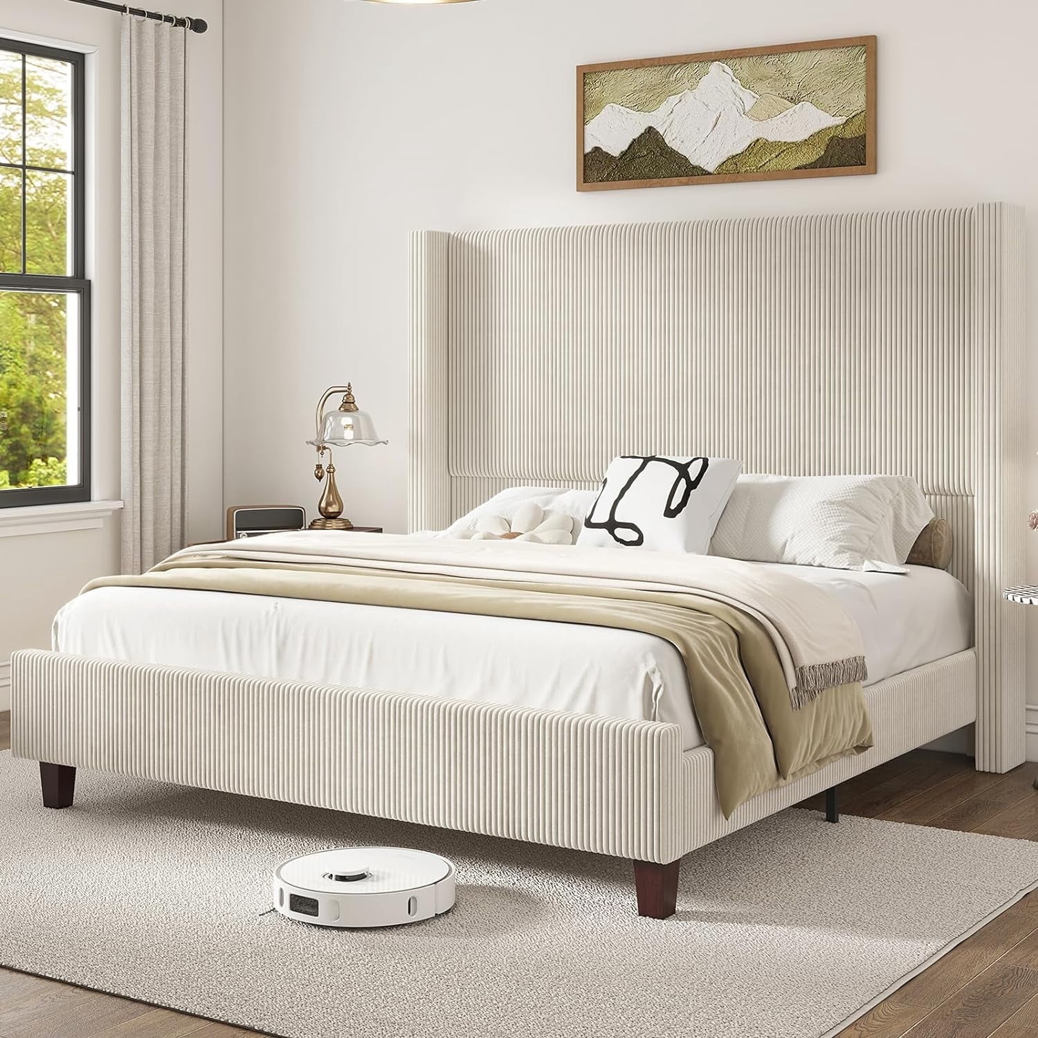 Amerlife King 61" Corduroy Upholstered Bed Frame with Wingback Headboard, Vertical Stripe, Cream