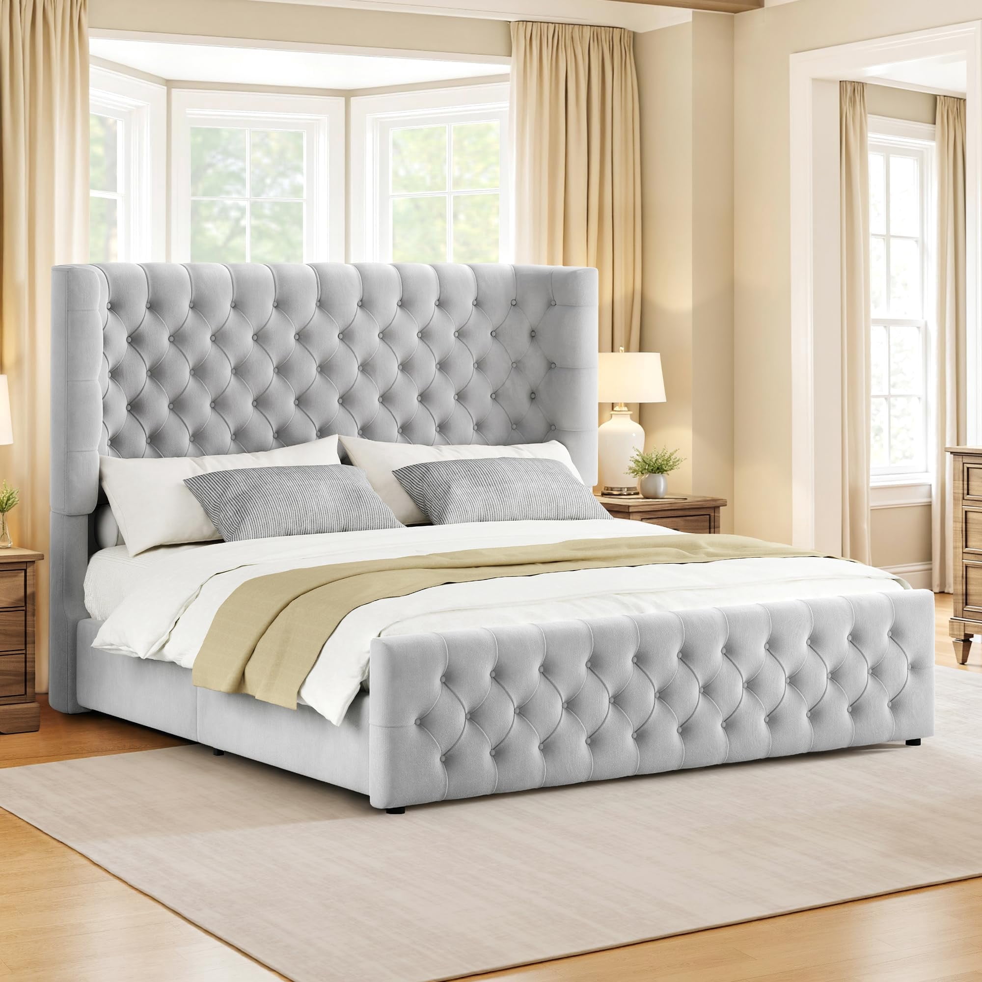 Amerlife King Bed Frame with 49” Upholstered Wingback Headboard, Noise-Free Platform Bed with Steel Frame and Slip-Resistant Edges, Light Grey