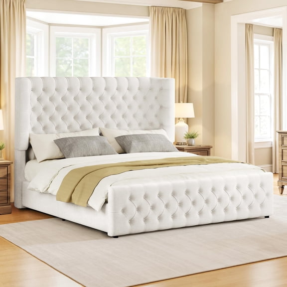 Amerlife King Bed Frame with 49” Upholstered Wingback Headboard, Noise-Free Platform Bed with Steel Frame and Slip-Resistant Edges, White