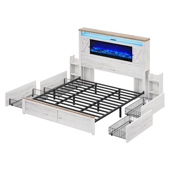 Amerlife King Bed Frame with Fireplace, Farmhouse with 57" Headboard, Barn Door Cabinets, 4 Drawers, RGB LED & Charging Station, Distressed White