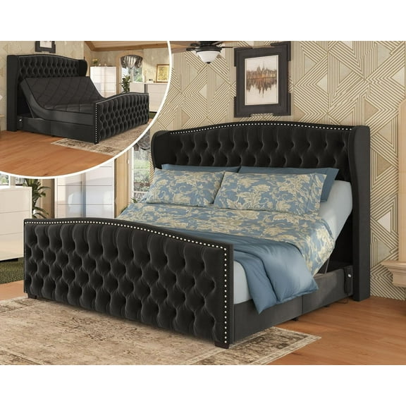 Amerlife King Size Bed Frame with 51" Velvet Upholstered Headboard, Adjustable Dual Motor, Black