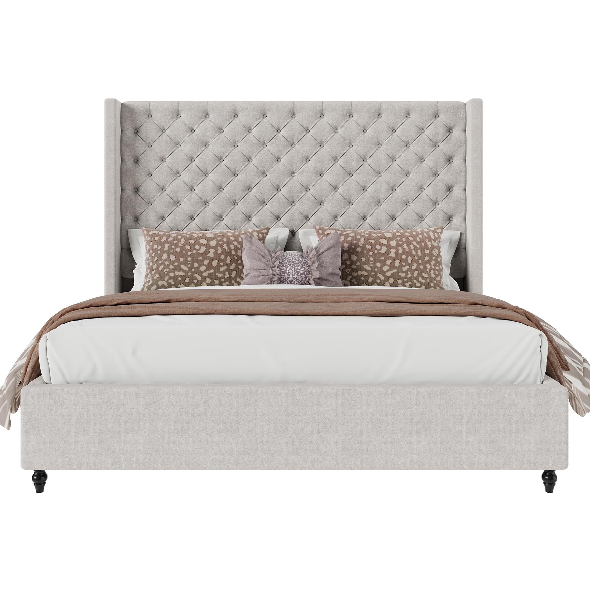 Amerlife King Size Bed Frame with 65" Tall Headboard, Upholstered Wingback Platform Design, Solid Wood Legs, Grey