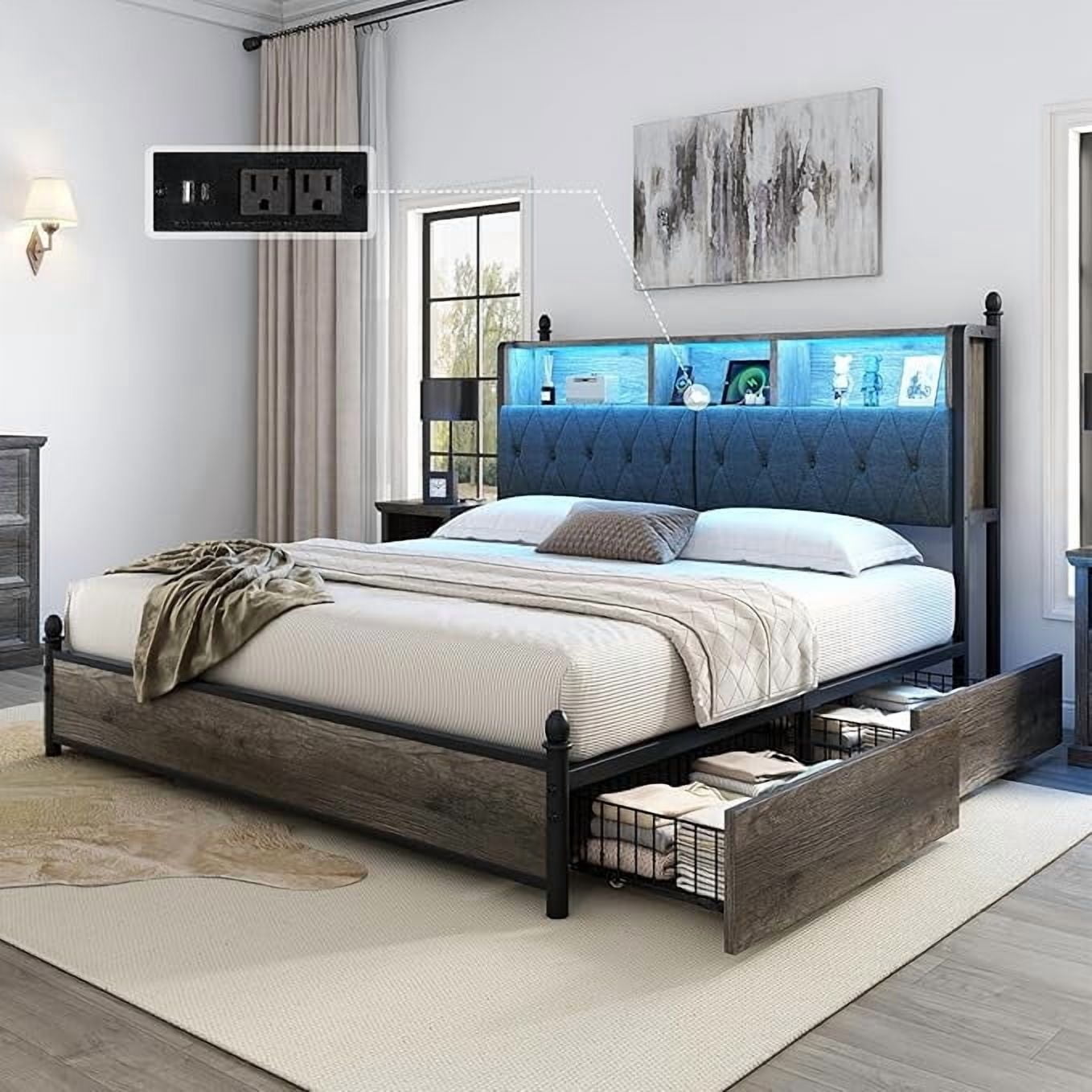 Amerlife King Size Bed Frame with Bookcase Headboard, Storage Drawers ...