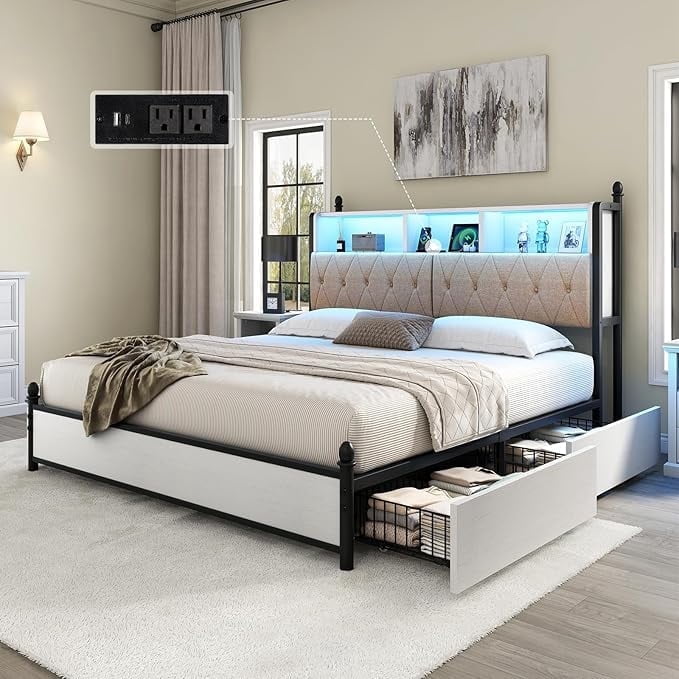 Amerlife King Size Bed Frame with Bookcase Headboard, Storage Drawers ...