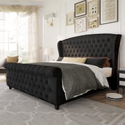 Amerlife King Size Platform Bed Frame, Velvet Upholstered Sleigh Bed with Scroll Wingback Headboard and Footboard, Button Tufted, Black