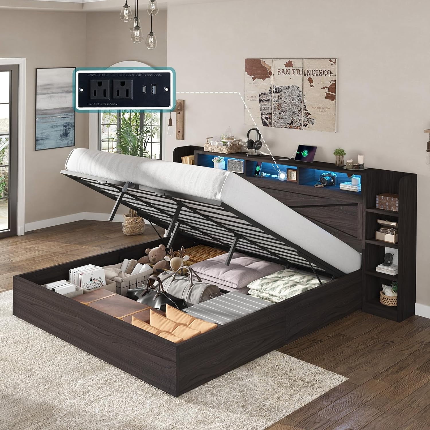 Amerlife King Size Bed Frame with Lift Up Storage & Bookcase Headboard ...