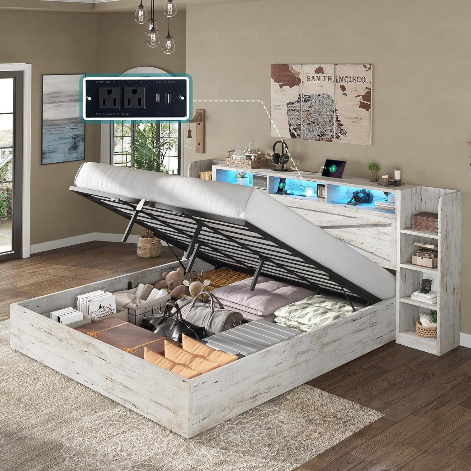 Amerlife King Size Bed Frame with Lift Up Storage & Bookcase Headboard ...