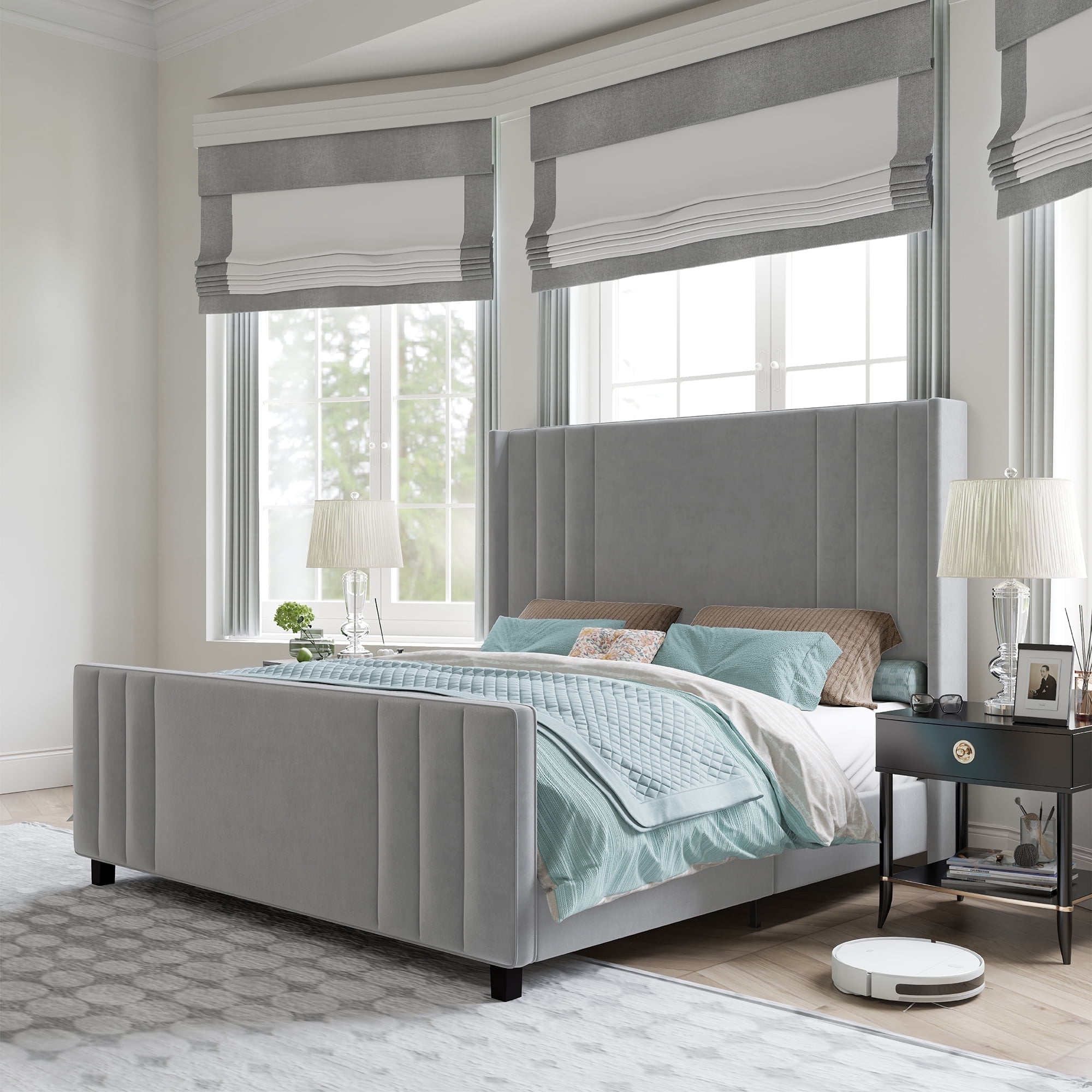 Amerlife King Size Bed Frame with Velvet Upholstery, Tufted Headboard and Footboard, Grey