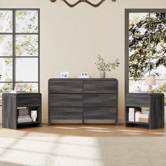 Amerlife Modern 3-Piece Bedroom Furniture Set with 6-Drawer Dresser and 2 Nightstands, Anti-Tip Kit Included, Black