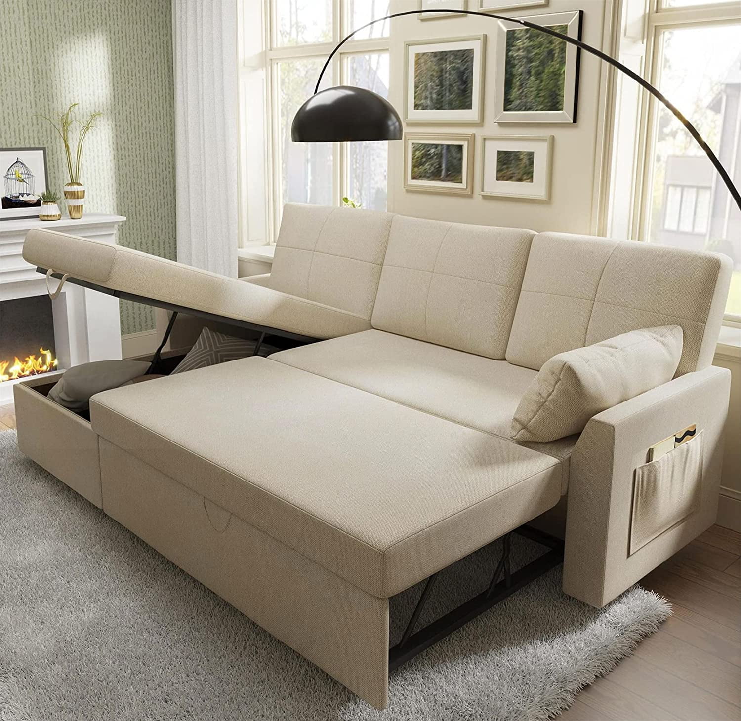 Amerlife Pull Out Couch, Sleeper Sofa with Storage Chaise, L Shape