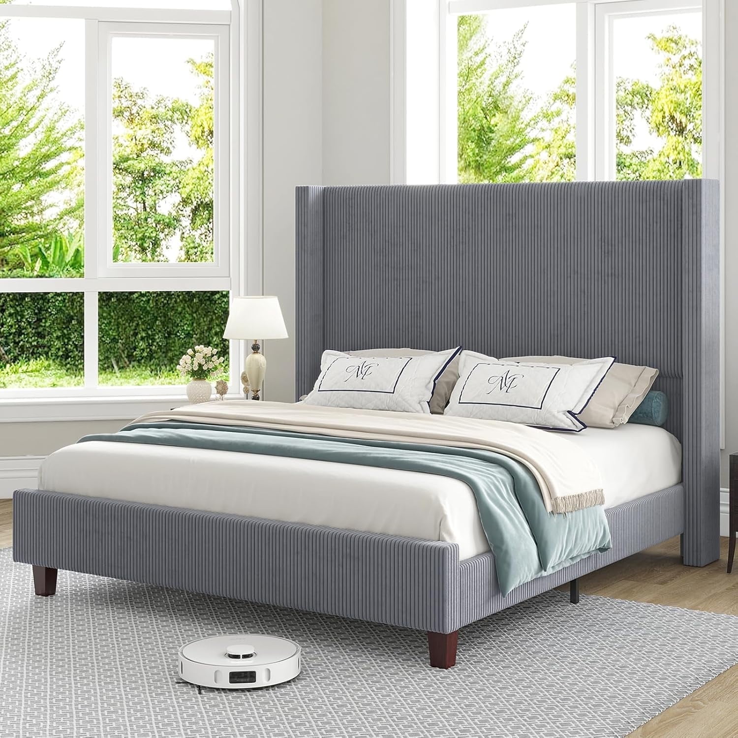 Amerlife Queen 61" Corduroy Upholstered Bed Frame with Wingback Headboard, Vertical Stripe, Grey
