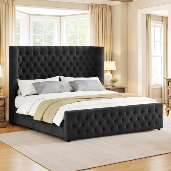 Amerlife Queen Bed Frame with 49” Upholstered Wingback Headboard, Noise-Free Platform Bed with Steel Frame and Slip-Resistant Edges, Black