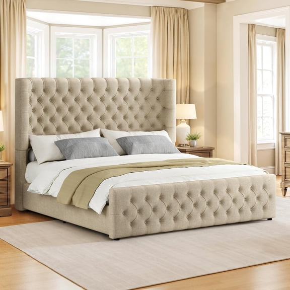 Amerlife Queen Bed Frame with 49” Upholstered Wingback Headboard, Noise-Free Platform Bed with Steel Frame and Slip-Resistant Edges, Khaki