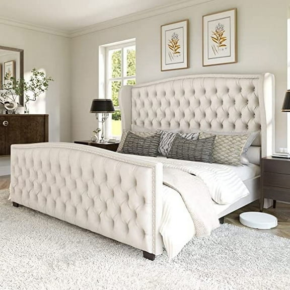 Amerlife Queen Bed Frame with Velvet Upholstery, Tufted Wingback Headboard and Nailhead Trim, Cream