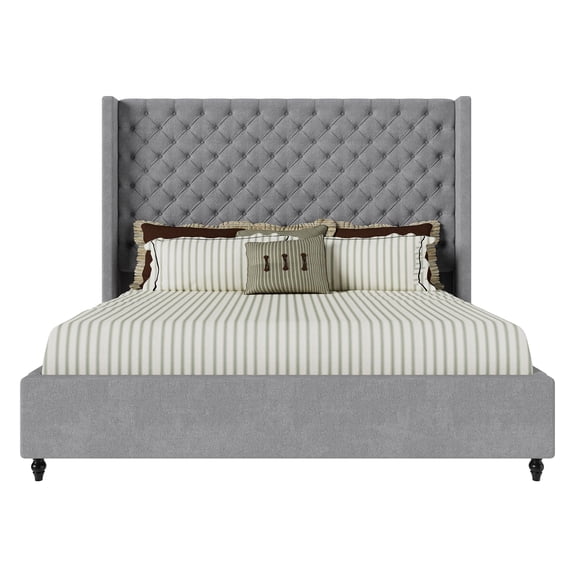 Amerlife Queen Size Bed Frame with 63" Tall Headboard, Upholstered Wingback Platform Design, Solid Wood Legs, Ash White
