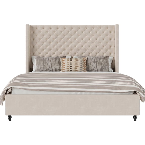 Amerlife Queen Size Bed Frame with 63" Tall Headboard, Upholstered Wingback Platform Design, Solid Wood Legs, Cream