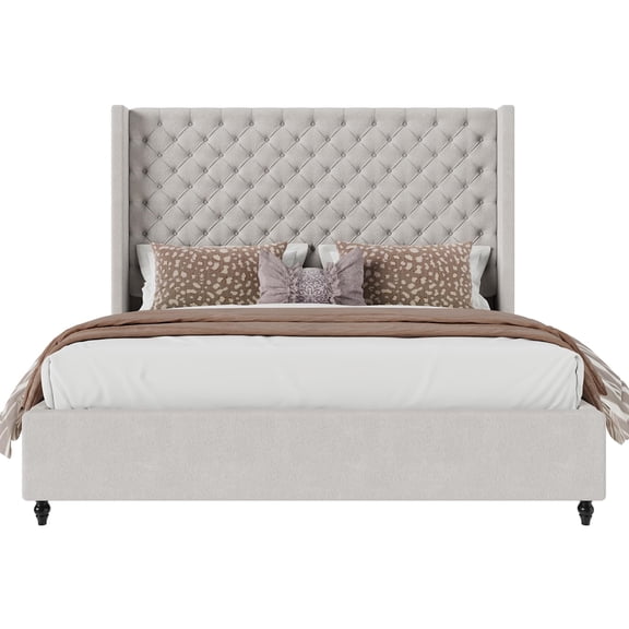 Amerlife Queen Size Bed Frame with 63" Tall Headboard, Upholstered Wingback Platform Design, Solid Wood Legs, Grey
