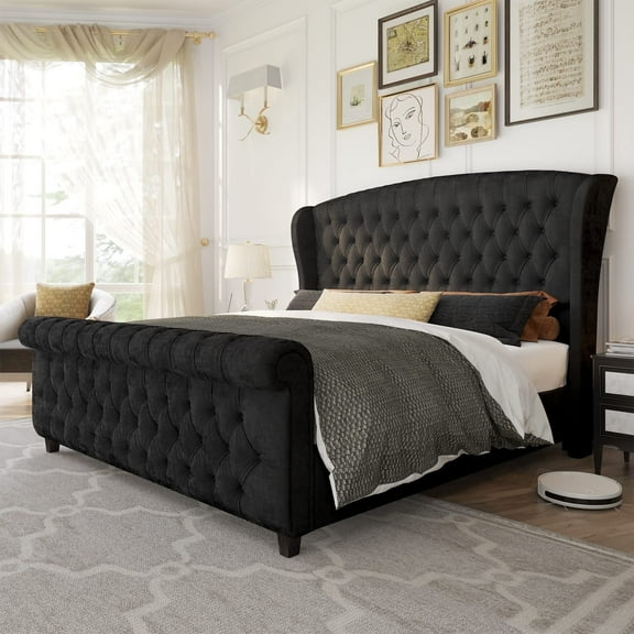 Amerlife Queen Size Bed Frame with Chenille Upholstery, Scroll Wingback Headboard and Footboard, Black