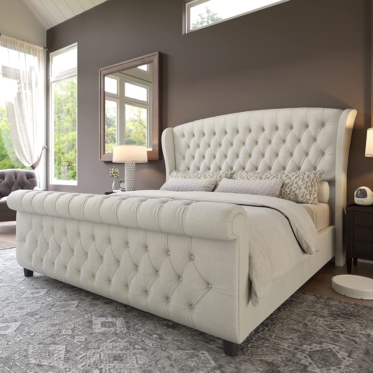 Amerlife Queen Size Bed Frame with Chenille Upholstery, Scroll Wingback Headboard and Footboard, Cream