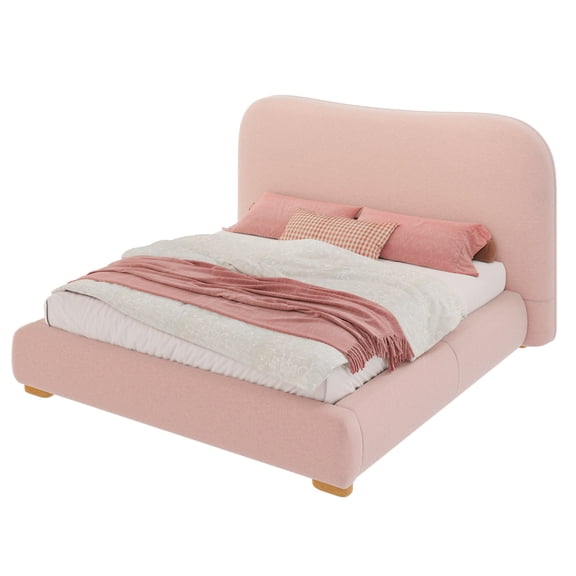 Amerlife Queen Size Cloud Bed Frame, 7.1" Thick Curved Headboard, Modern Upholstered Platform Bed, Easy Assembly, Boucle Pink