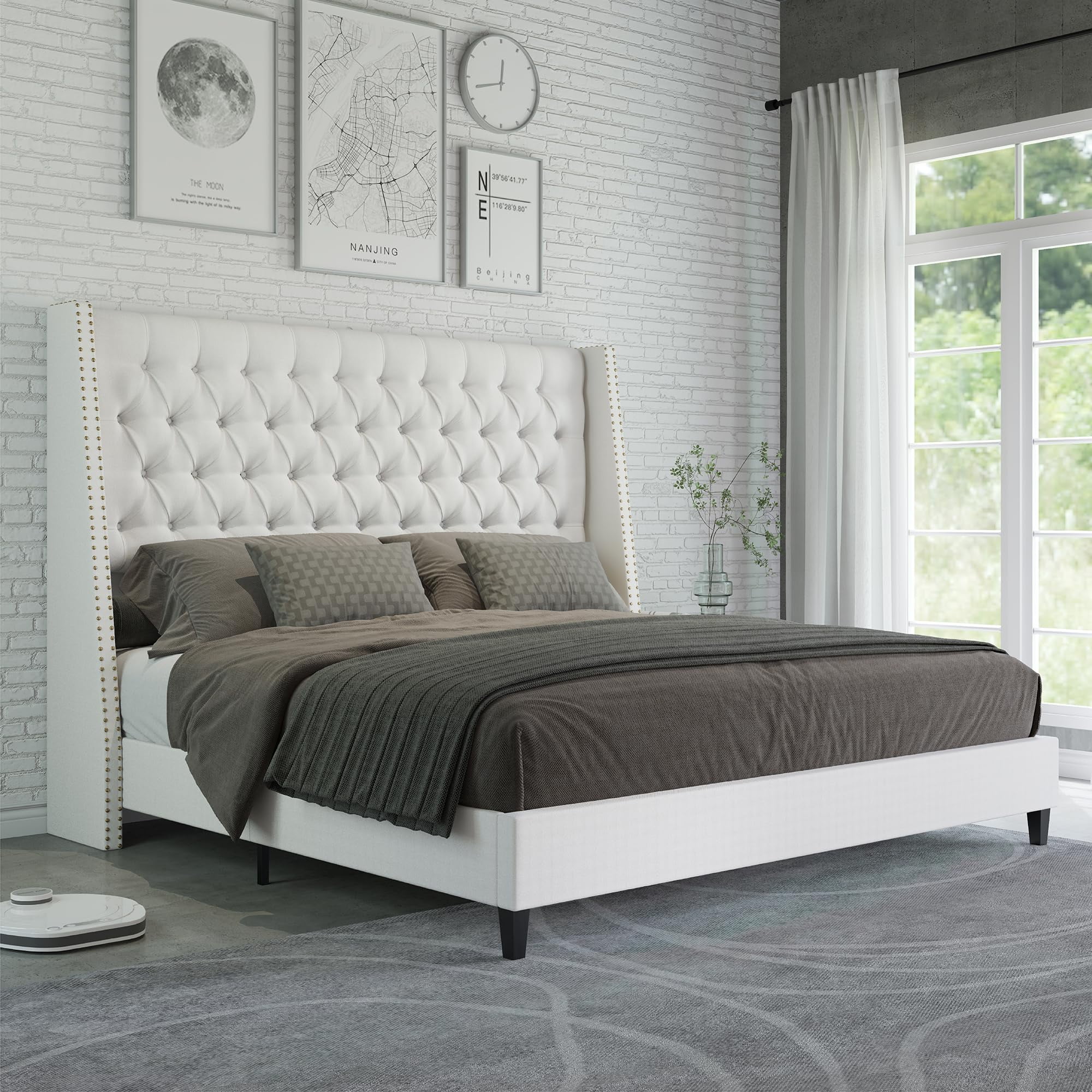 Amerlife Queen Size Nail Button Tufted Wingback Bed Frame, Linen Upholstered Platform Bed with