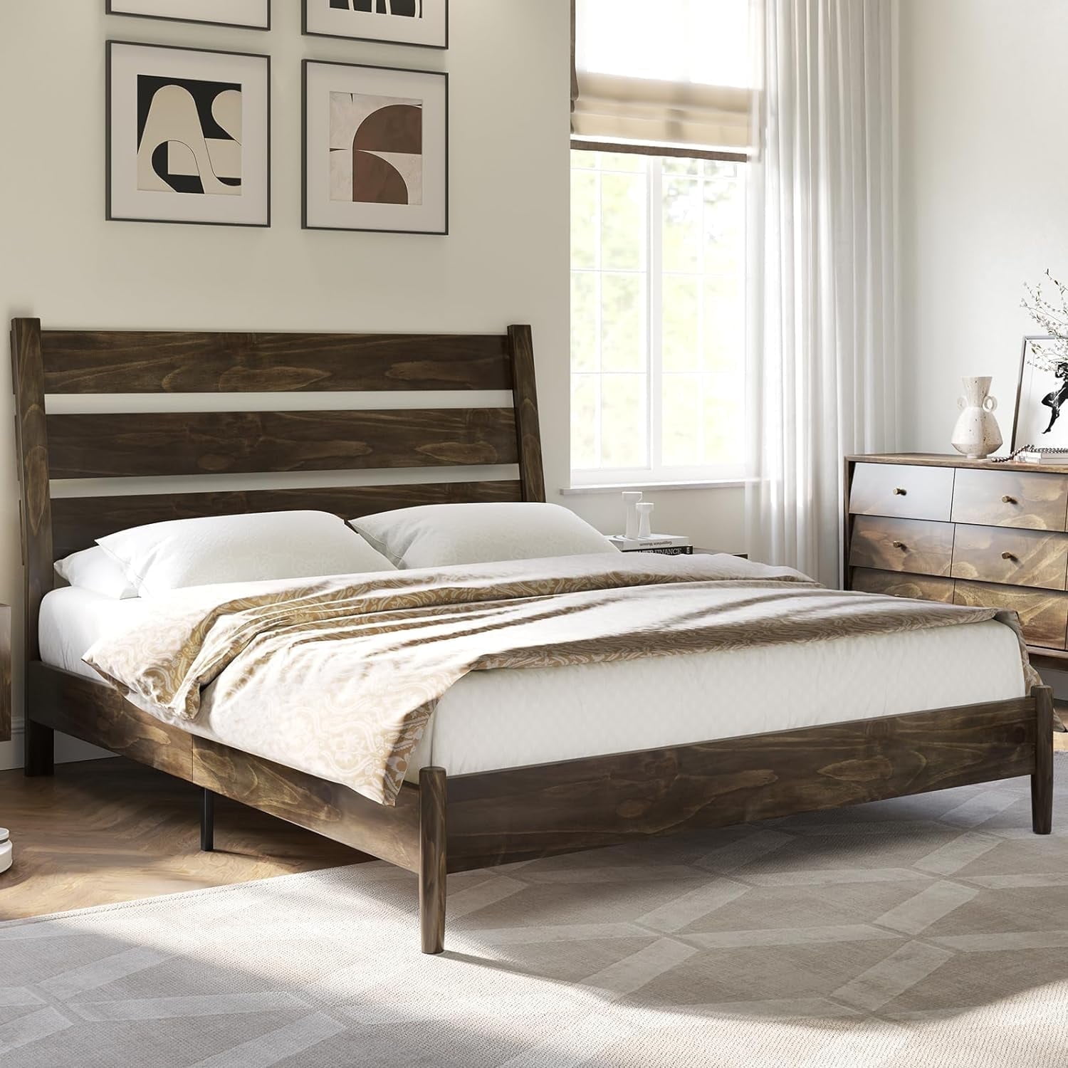 Dark Brown Pine Queen Bed Frame with Slatted Headboard