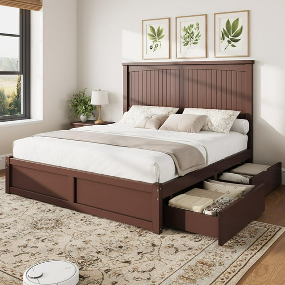 Amerlife Queen Size Solid Wood Bed Frame with 50" Tall Headboard, Mid-Century Modern Bed with, Wooden Platform Bed with 2 Drawers, Espresso