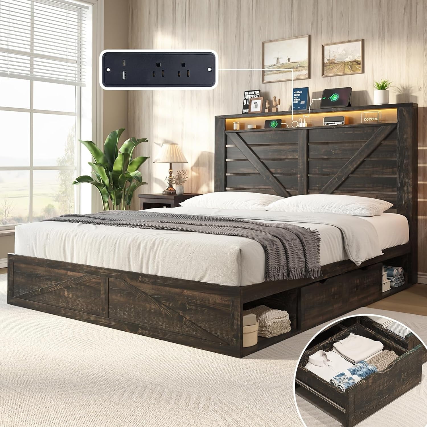 Amerlife Queen Size Storage Bed Frame with 4 Drawers & LED Light ...