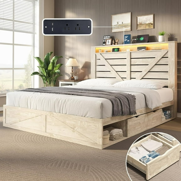 Amerlife Queen Size Storage Bed Frame with 4 Drawers & LED Light, Charging Station, Rustic White