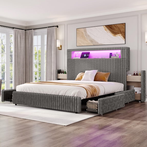 Amerlife Queen Size Storage Bed Frame with 51.2" Tall Upholstered Headboard, Built-in 6 Drawers & Bookcase, USB Ports & RGB LED Lights,Grey