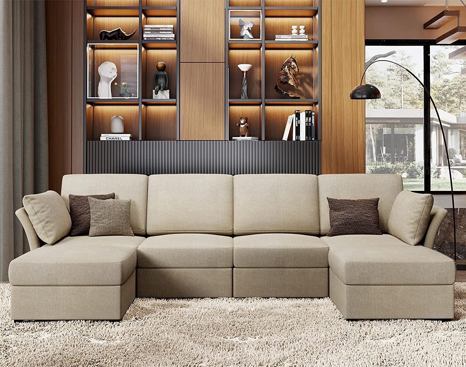 Amerlife Sectional U Shaped Sofa, 6 Seat Couch with Ottomans, Comfy