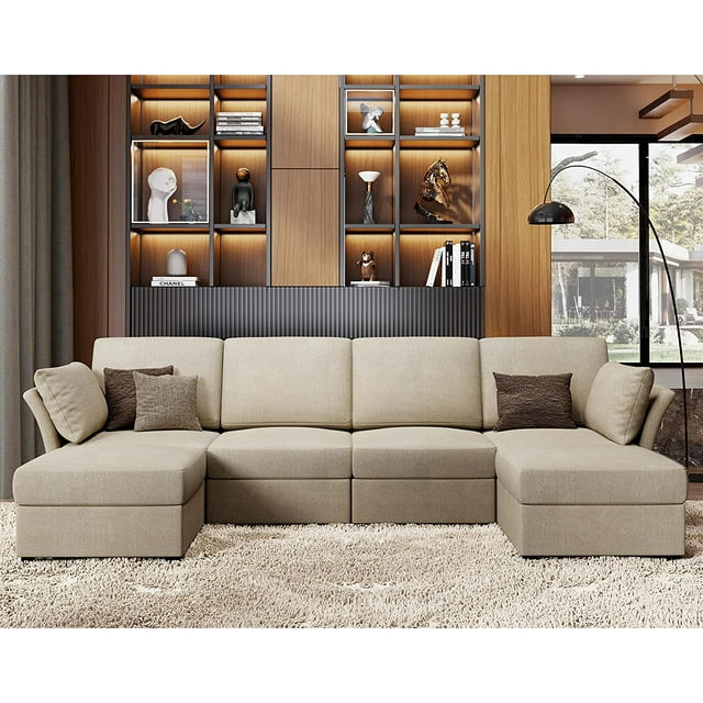 Amerlife Sectional U Shaped Sofa, 6 Seat Couch with Ottomans, Comfy