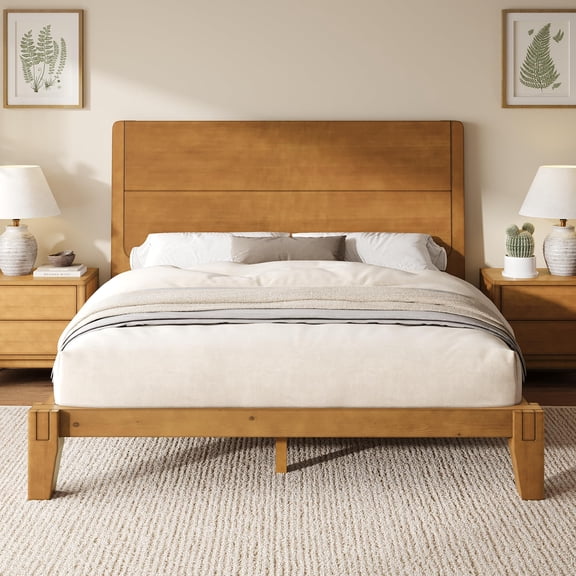 Amerlife Solid Wood Full Bed Frame with Headboard, Japanese Joinery, Brown, Mortise-and-Tenon Joinery, 30-Min Tool-Free Setup, Minimalist Modern Style