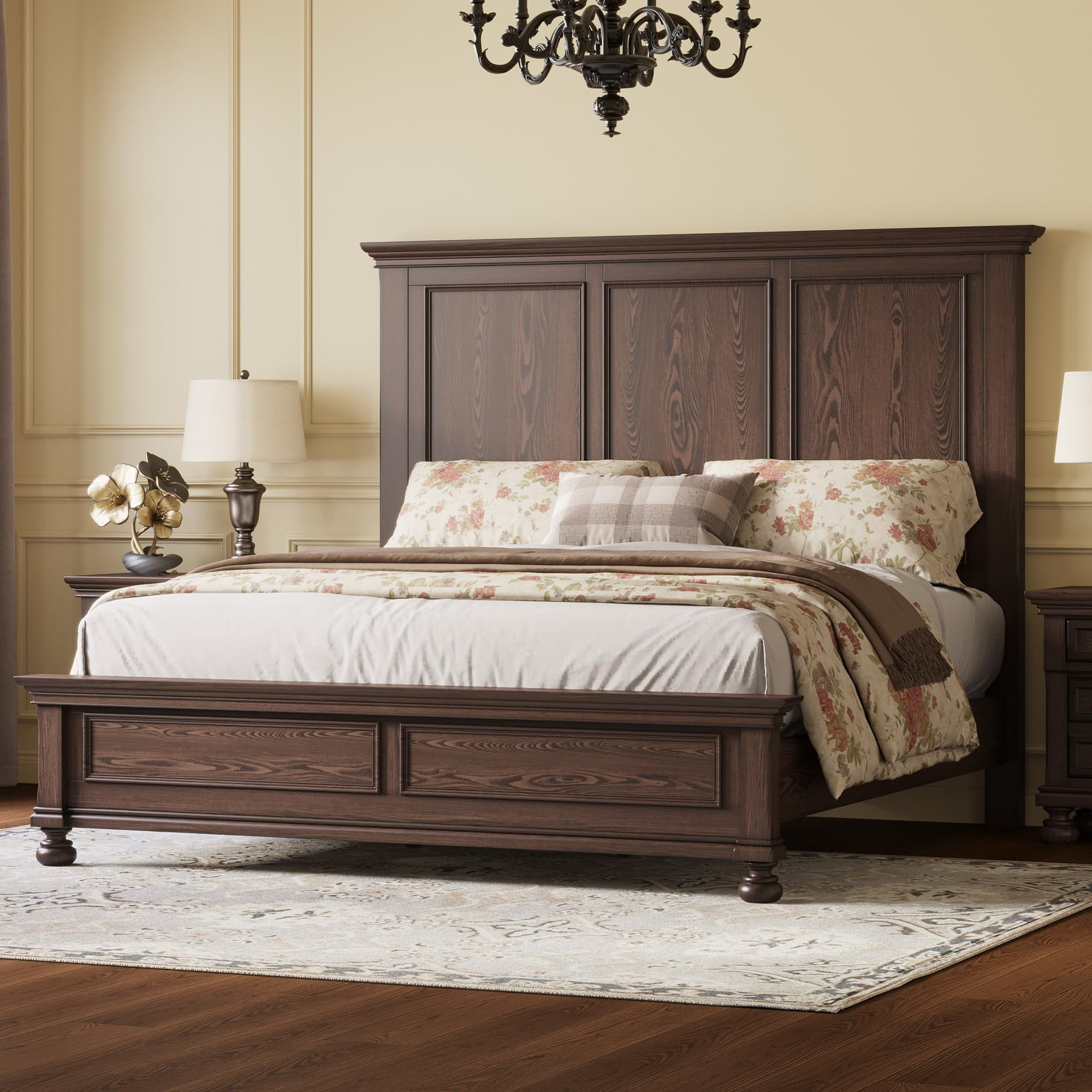 Amerlife Solid Wood King Bed Frame with 65.2" High Headboard, Traditional Platform Bed with Heavy Duty Slats, Easy Assembly, Dark Brown