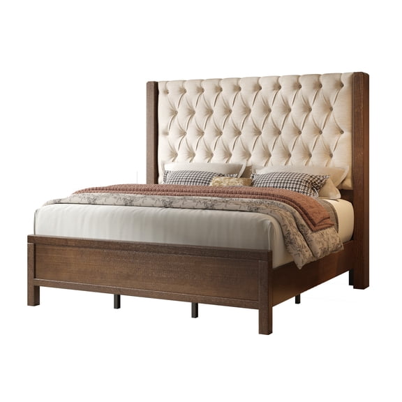 Amerlife Solid Wood King Size Bed Frame, 57" Tall Farmhouse Upholstered Line Wingback Headboard, Deep Button Tufted, Easy Assembly, Dark Walnut