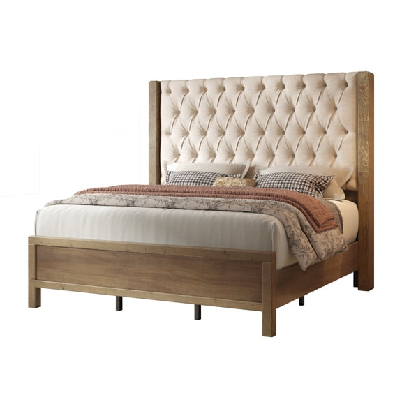 Amerlife Solid Wood King Size Bed Frame, 57" Tall Farmhouse Upholstered Line Wingback Headboard, Deep Button Tufted, Easy Assembly, Gray Wash