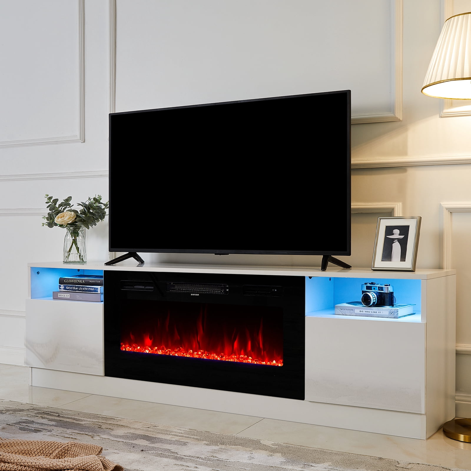 Amerlife TV Stand with Fireplace, LED Light Entertainment Center with 36 Electric  Fireplace, 70 Modern Wood Entertainment Stand with Highlight Storage  Cabinet for TVs up to 80, White u0026 Black - Walmart.com