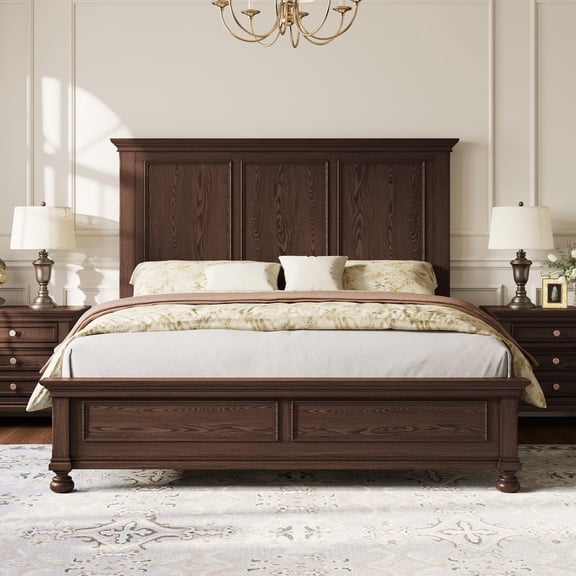Amerlife Traditional Platform Solid Wood King Bed Frame with 65.2" High Headboard and Heavy Duty Slats, No Box Spring Needed, Black Walnut