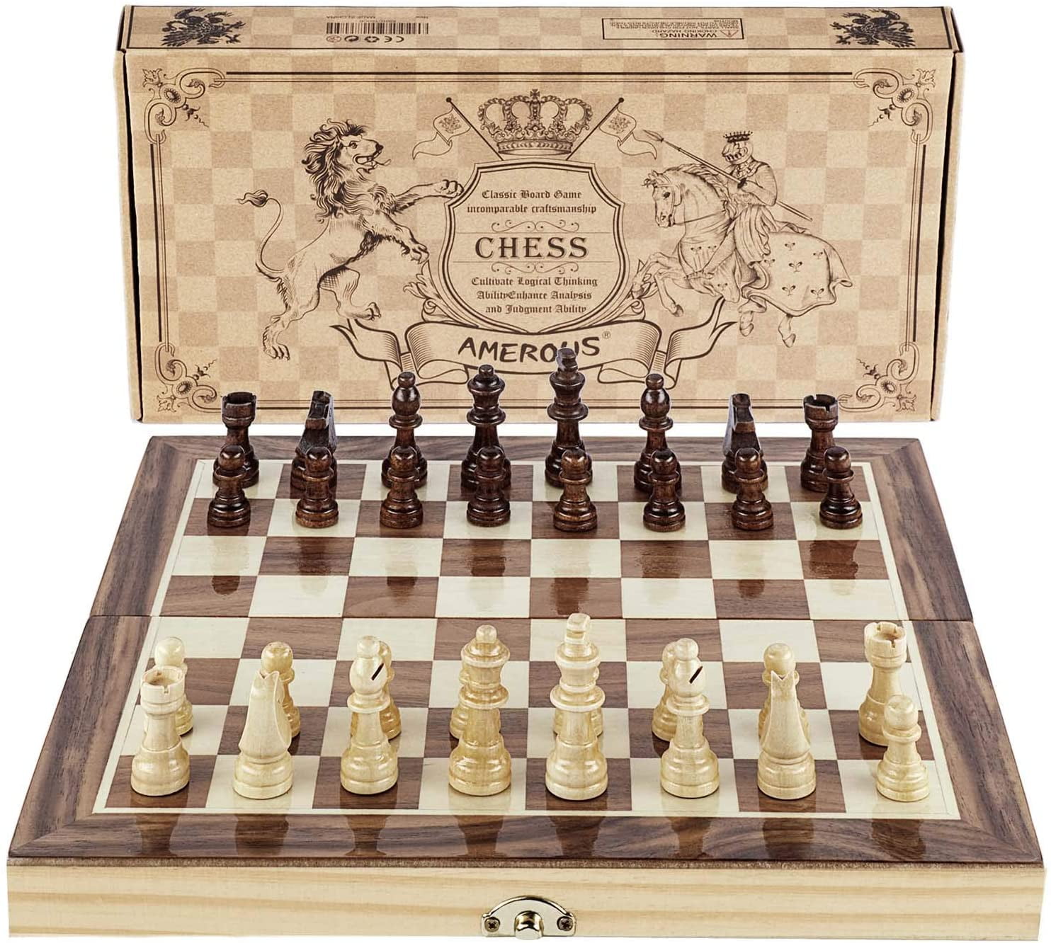 Amerous Chess Set, 12X12 Folding Wooden Standard Travel International Chess Game Board Set With Magnetic Crafted Pieces