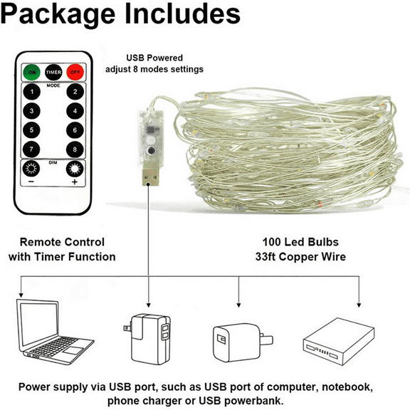 Amerteer 100 LED Twinkle Fairy Light String 33 feet 8 Modes USB Copper Wire Light String, Star Christmas Decorative Light,White