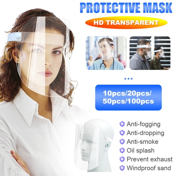 Amerteer 100 Pack Premium Face Shield with Protective Clear Film To Protect Eyes and Face Full Face Shield With Elastic Band Anti-Fog PET Plastic Face Shield For Kids Adults