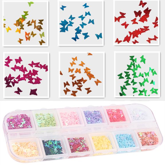 Amerteer 12 Grids Mixed Color Fluorescent Butterfly DIY Nail Jewelry Patch,Glitter Ultrathin 3D Holographic Butterfly Nail Sequins,Manicure Paillettes for Face Body Nail Art Decoration