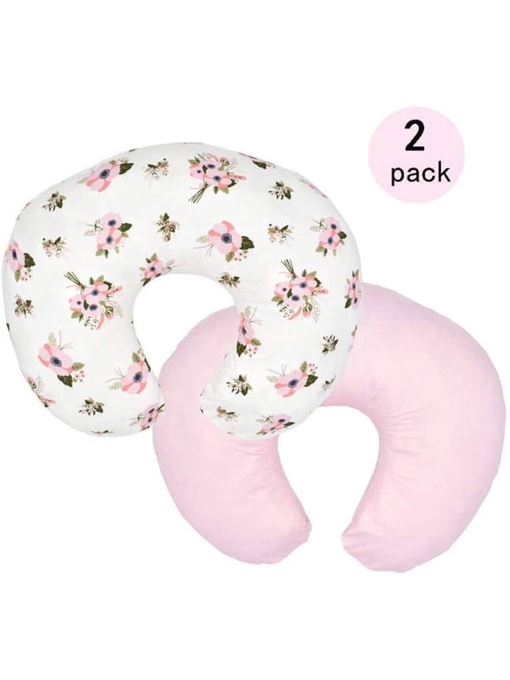 2 Pack Nursing Pillow Cover, Luxury Egyptian Cotton Soft Feeding Pillow Slipcovers for Baby Girls Boys, Fits Standard Infant Support Pillows Positioners- Lt Pink & Floral