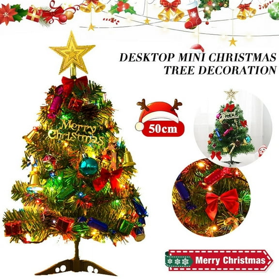 Amerteer 20"/50cm Mini Christmas Tree, Artificial Table Top Artificial Christmas Trees with 20 LED Lights, Tree Topper, Red Berries for Table, Desk, Home Decor